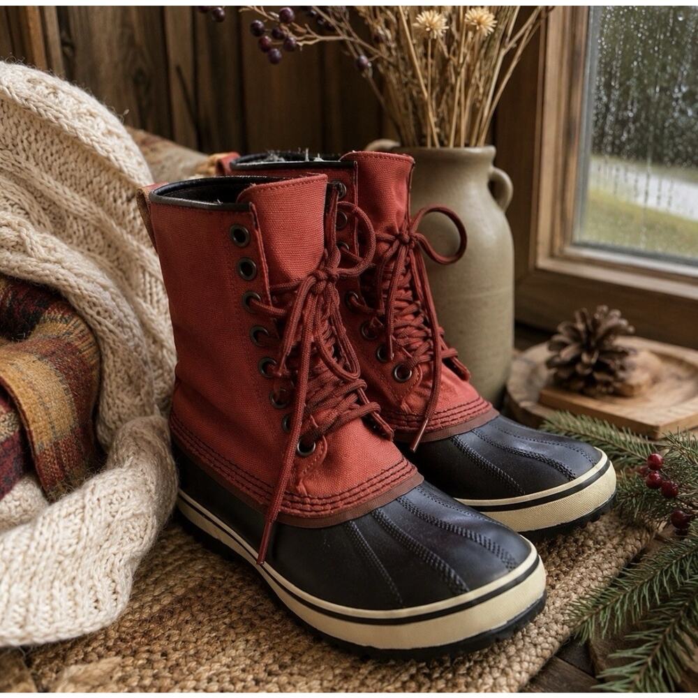 Sorel NL1717-645 Women’s 6.5 Waterproof Duck Boots Rust Red Canvas Lace Up